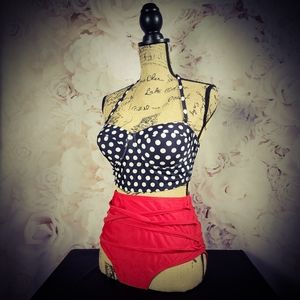 NWOT Red and Black Retro Polka-dot High Waist Bikini
